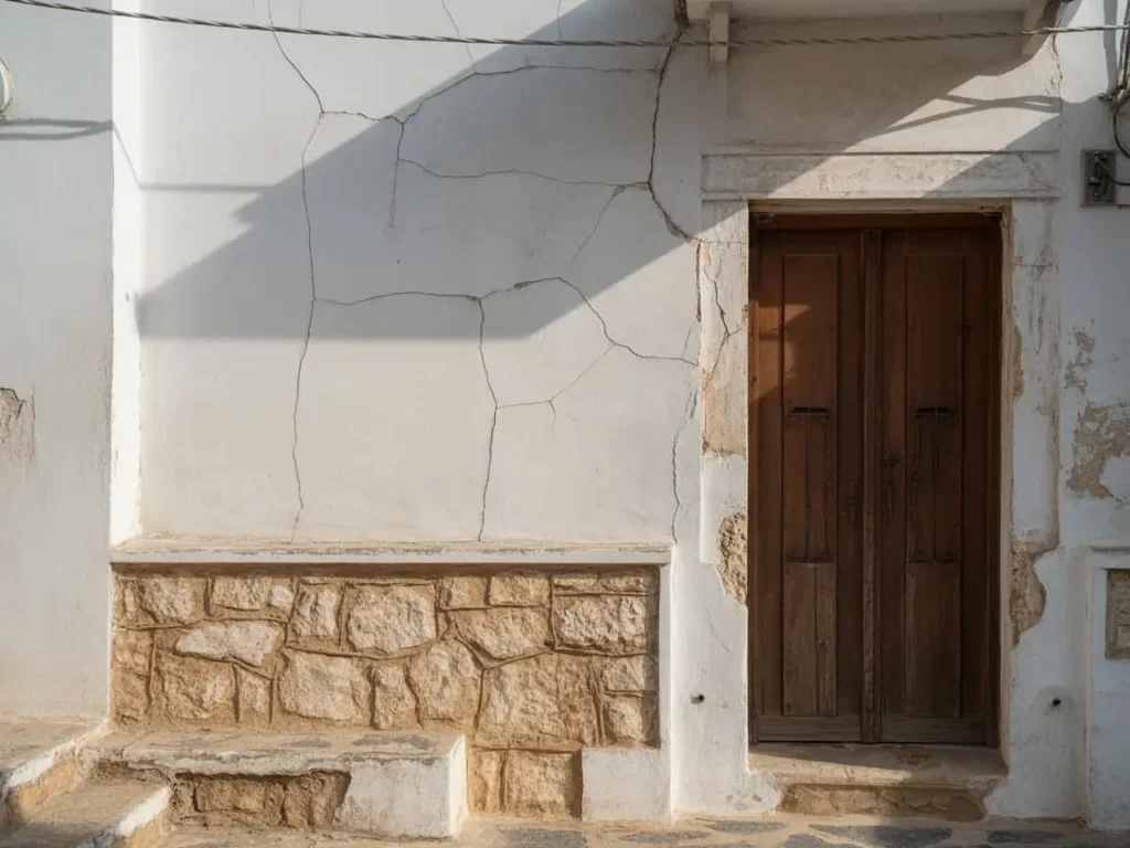 Vivienda antigua con muros sin aislamiento, grietas visibles y puerta de madera