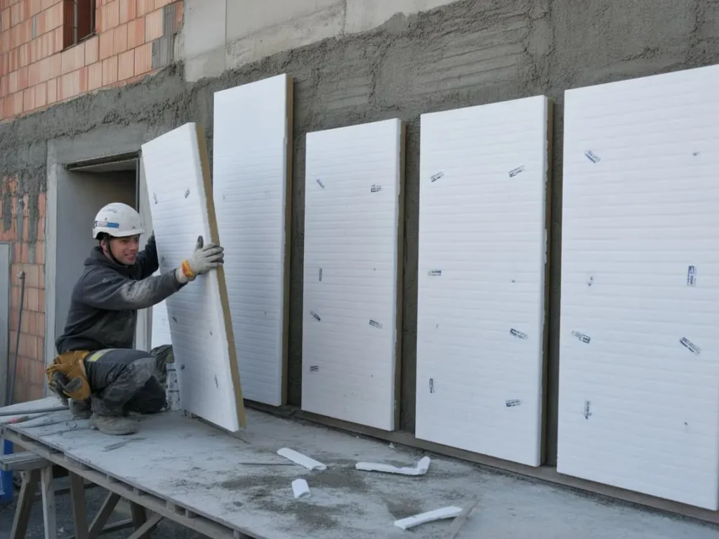 Colocación de paneles aislantes rígidos en fachada durante solución constructiva de aislamiento exterior