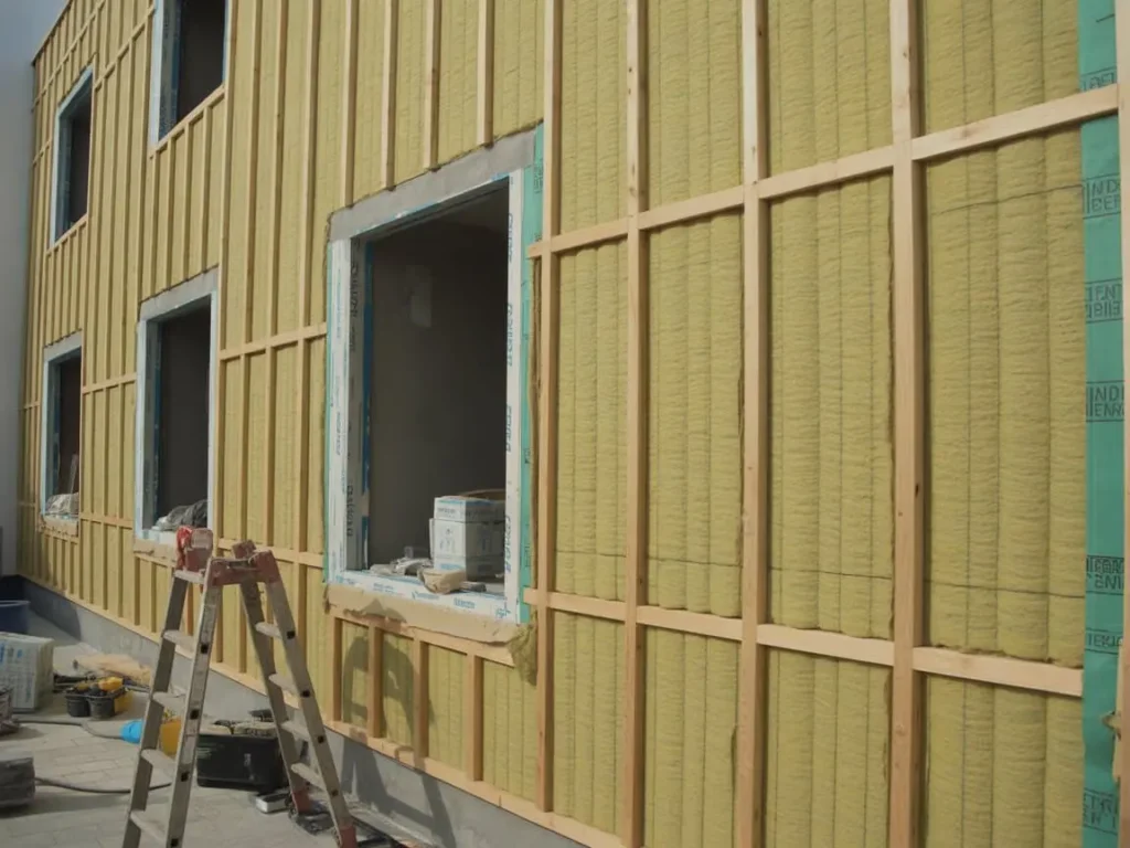 Paredes exteriores con aislamiento térmico y estructura de pladur en obra de vivienda en Burgos