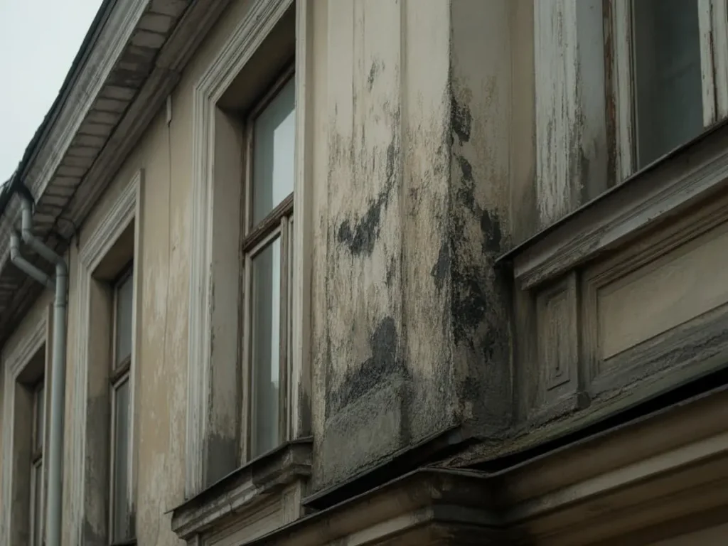 Fachada con paredes exteriores frías, manchas de humedad y sensación de muro helado
