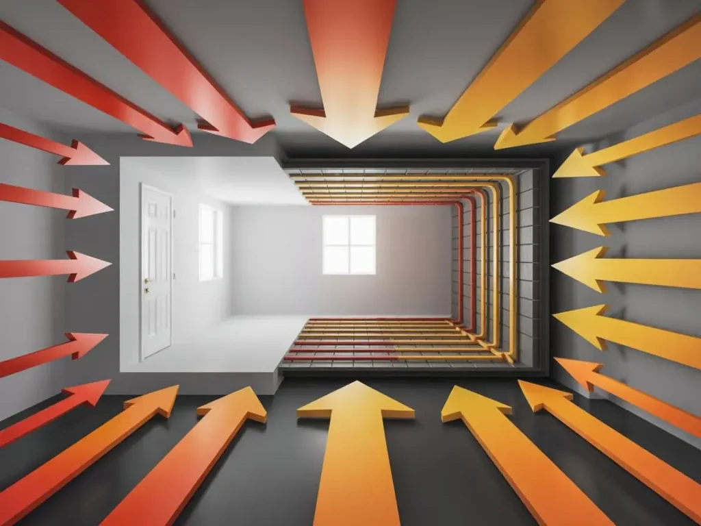 Esquema de pérdidas de calor en vivienda con flechas térmicas y alto consumo en calefacción