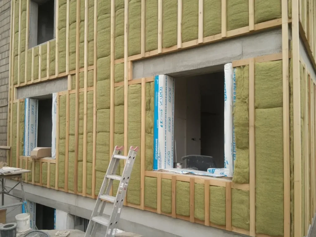 Instalación de trasdosados con aislamiento térmico en paredes exteriores durante reforma de fachada